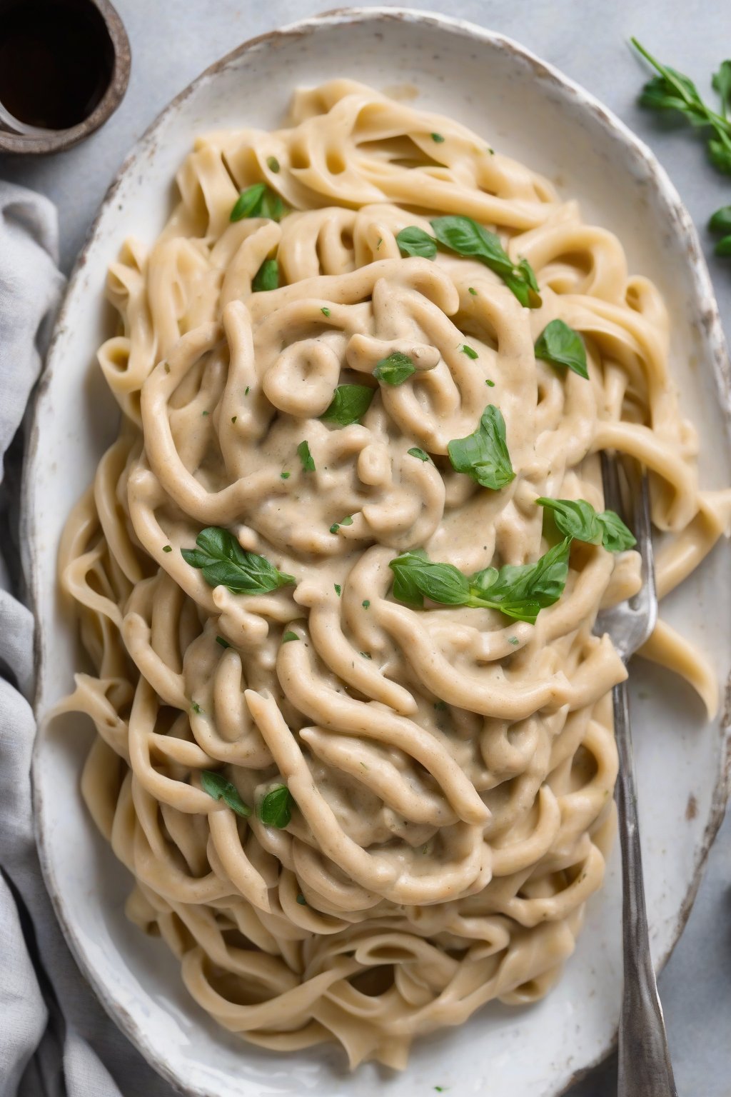 A high-resolution photo of vegan cashew Alfredo draped over gluten-free pasta, nutty gleam, under soft lighting.