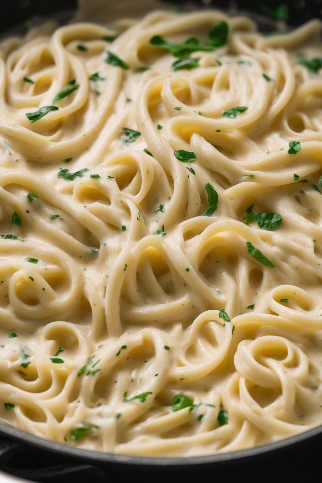 A high-resolution photo of one-pot fettuccine Alfredo steaming in the pan, sauce clinging perfectly, under soft lighting.