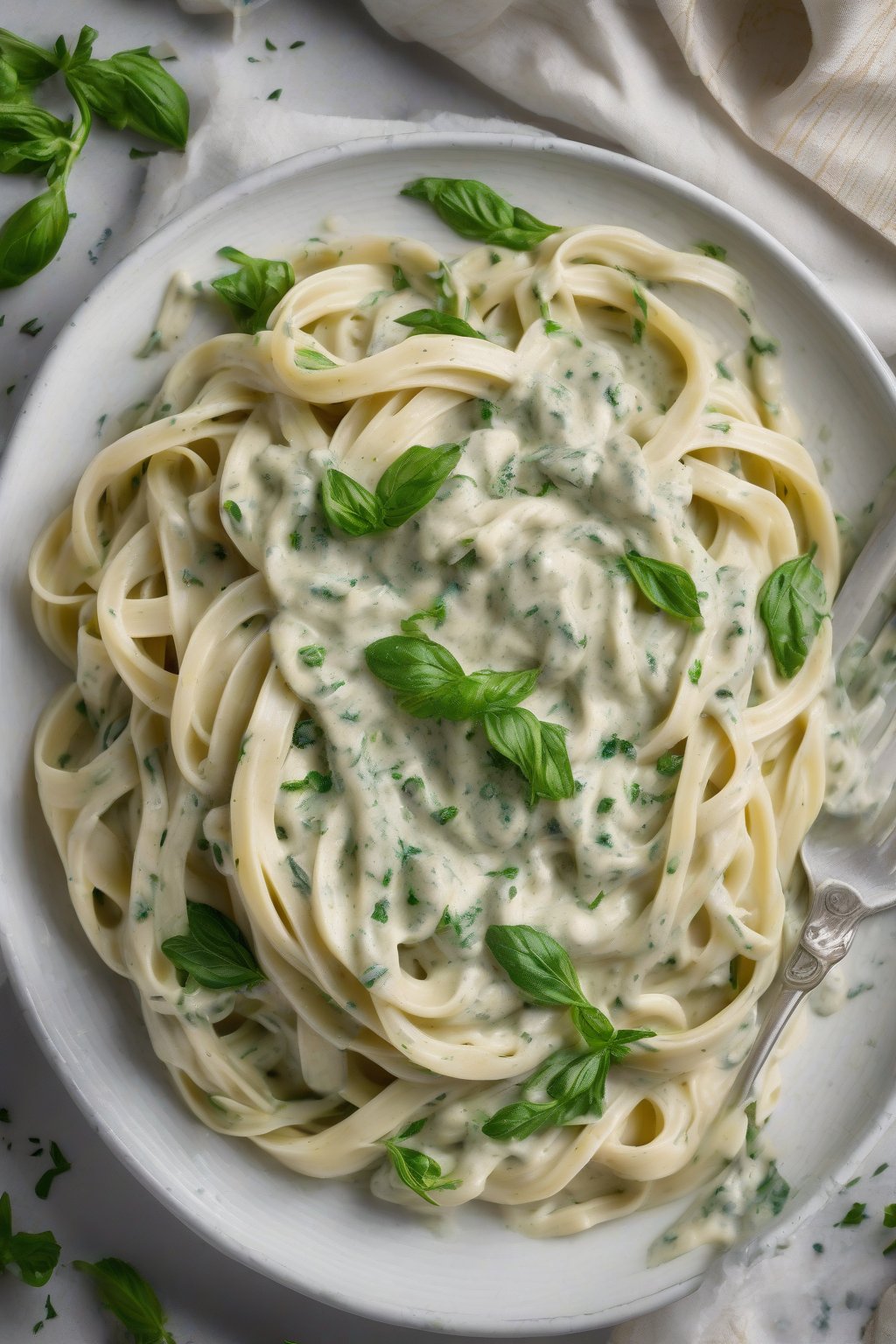 A high-resolution photo of herb-flecked Alfredo sauce on twirled fettuccine, vibrant green pops, under soft lighting.
