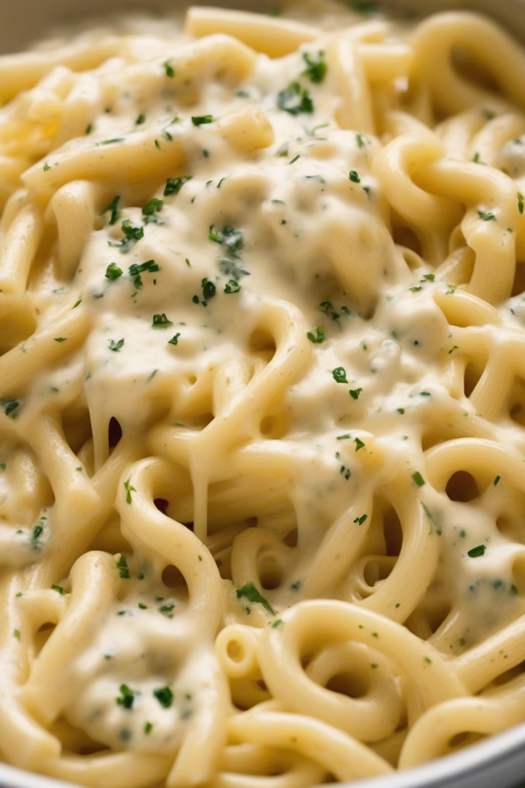 A high-resolution photo of multi-cheese Alfredo bubbling over pasta, golden and melty, under soft lighting.