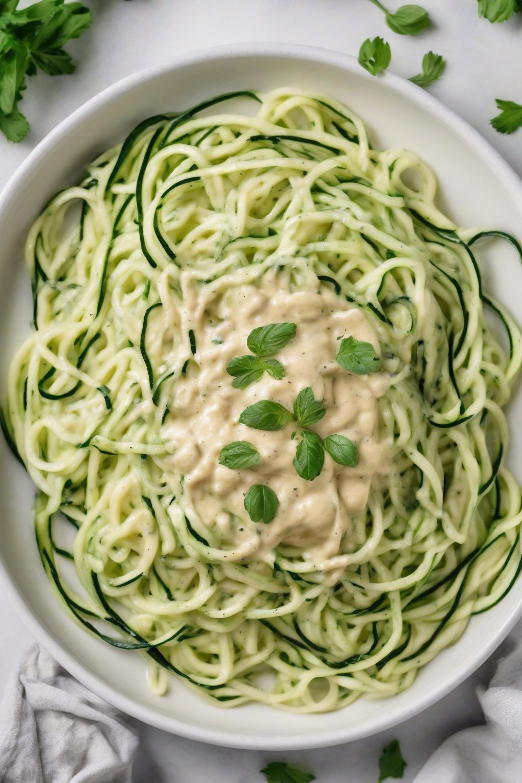 A high-resolution photo of keto Alfredo coating zucchini noodles, creamy pool, under soft lighting.