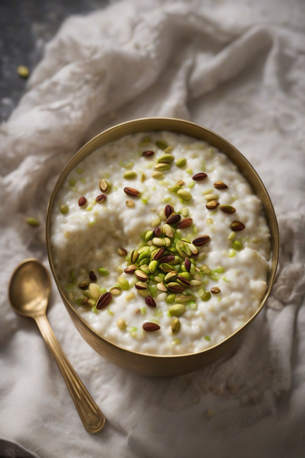 A high-resolution photo of cardamom rice pudding dotted with pistachios, in a brass bowl, steam rising gently, under soft lighting.
