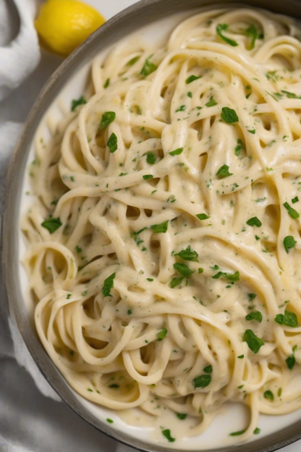 A high-resolution photo of lemony Alfredo with fettuccine, zesty yellow flecks, under soft lighting.