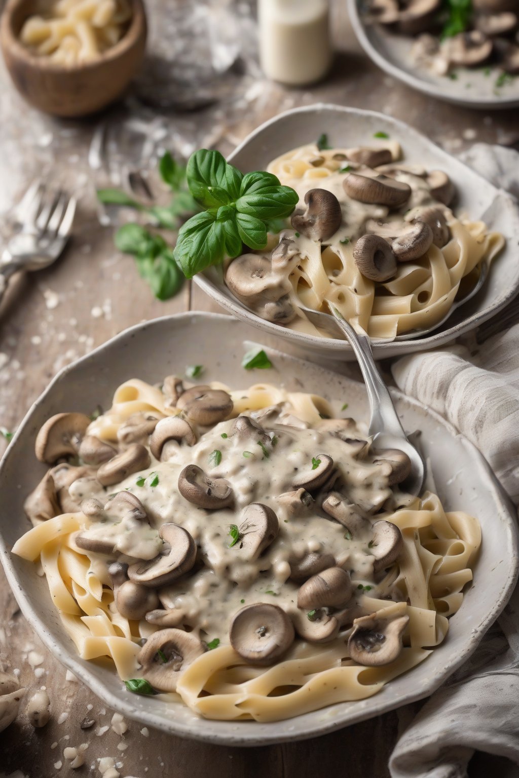 A high-resolution photo of mushroom-studded Alfredo sauce on pasta, rustic chunks, under soft lighting.