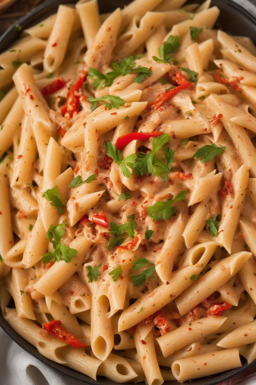 A high-resolution photo of spicy Cajun Alfredo tossed with penne, red pepper flecks, under soft lighting.