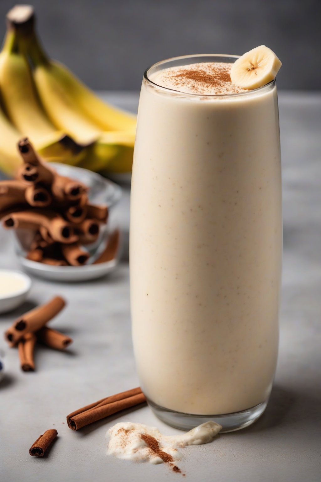 A high-resolution photo of a tall glass of creamy banana yogurt smoothie topped with cinnamon, under soft lighting.