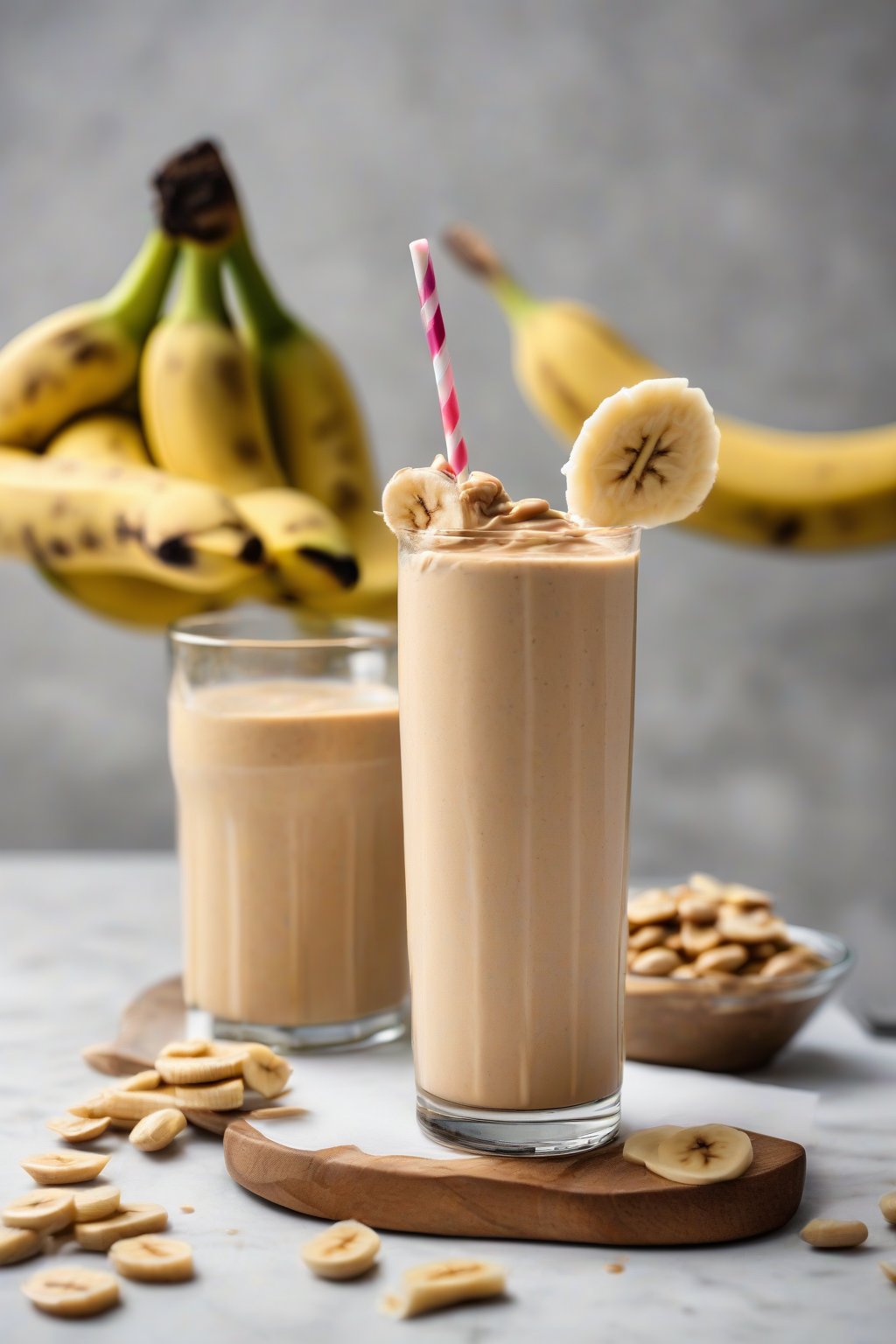 A high-resolution photo of a peanut butter banana smoothie garnished with peanut butter drizzle and banana slices, under soft lighting.