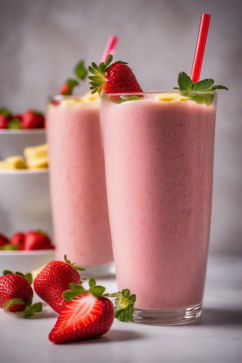 A high-resolution photo of a vibrant strawberry banana smoothie with fresh strawberry slices on the rim, under soft lighting.