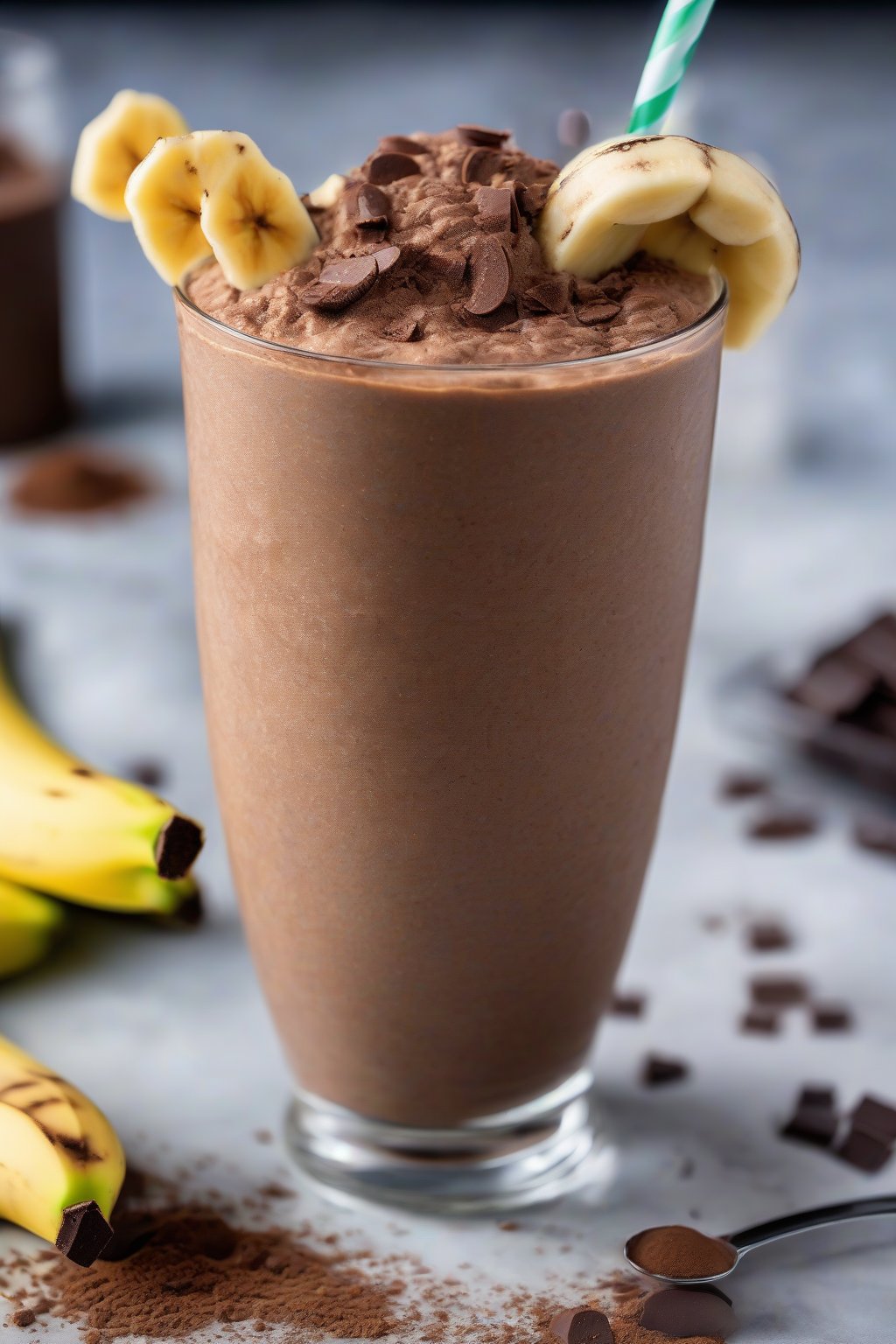 A high-resolution photo of a chocolate banana smoothie swirled with cocoa powder and topped with banana chips, under soft lighting.