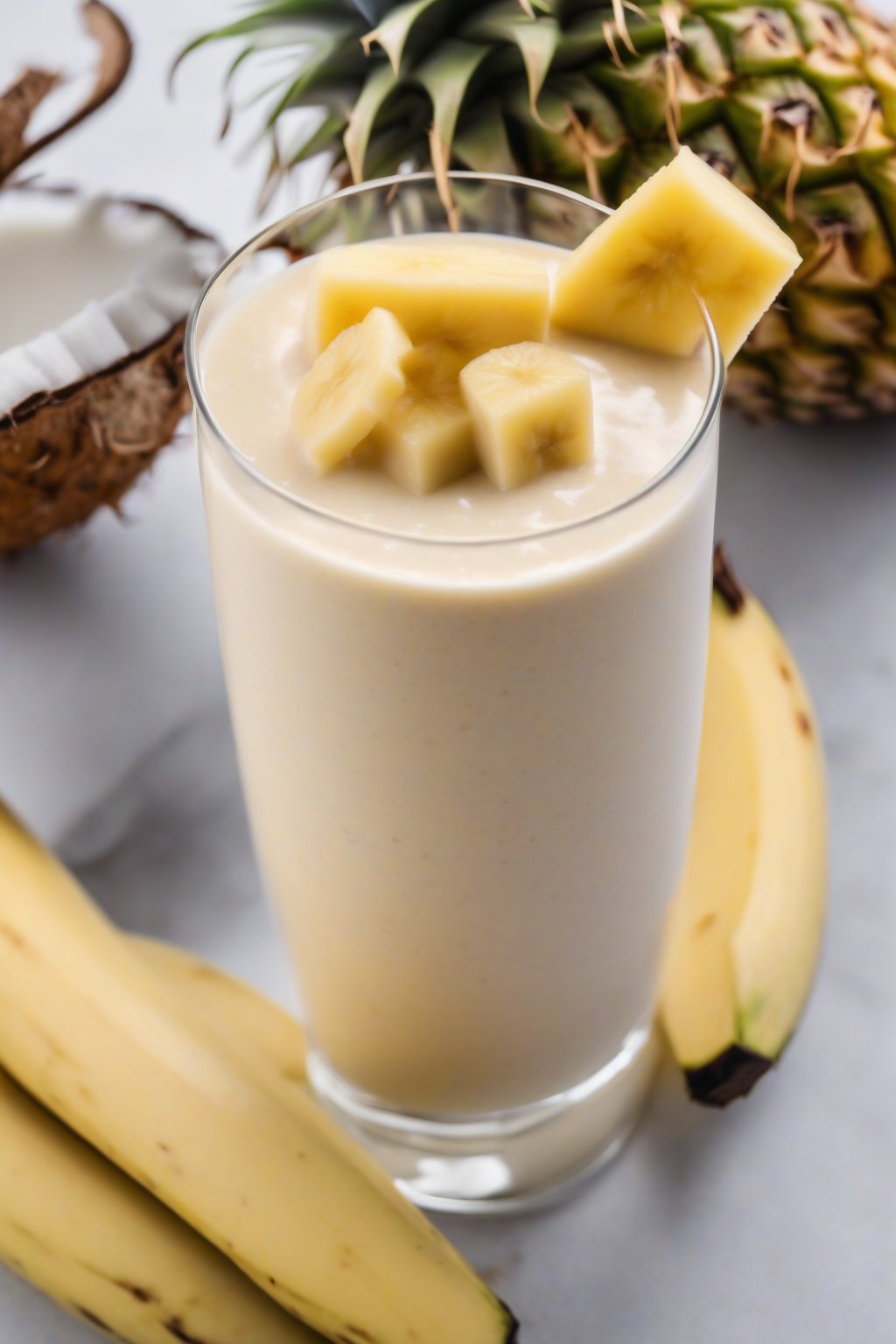 A high-resolution photo of a tropical banana coconut smoothie with pineapple wedge garnish, under soft lighting.
