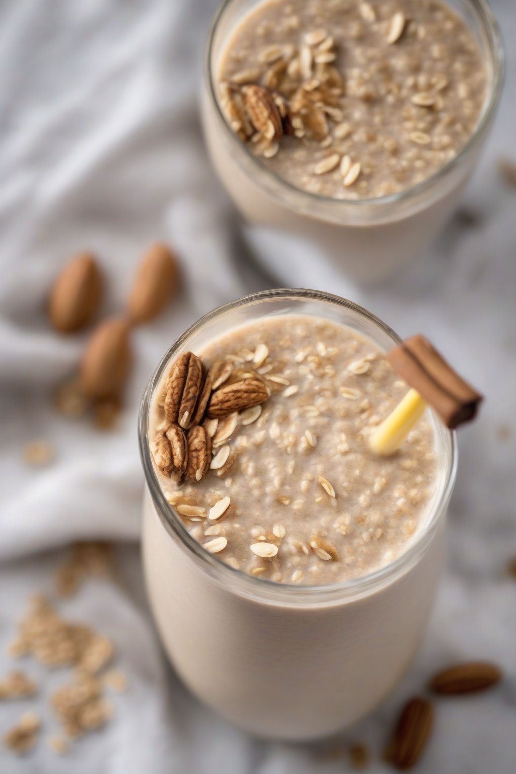 A high-resolution photo of an oatmeal banana smoothie sprinkled with oats and nutmeg, under soft lighting.