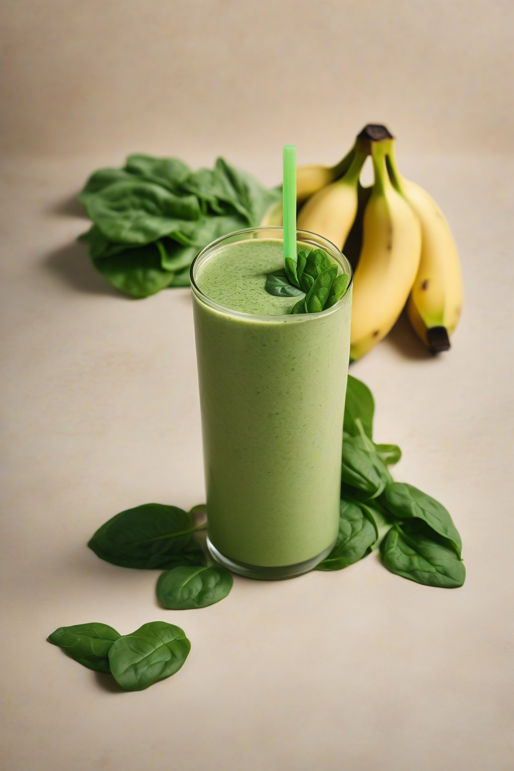 A high-resolution photo of a green-tinged banana spinach smoothie with spinach leaf accent, under soft lighting.