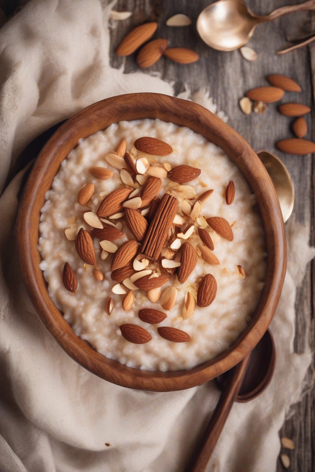 A high-resolution photo of vegan almond rice pudding topped with slivered almonds and cinnamon, in a rustic wooden bowl, under soft lighting.