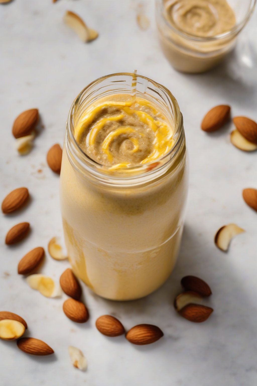 A high-resolution photo of an almond butter banana smoothie with turmeric swirl and almond slices, under soft lighting.