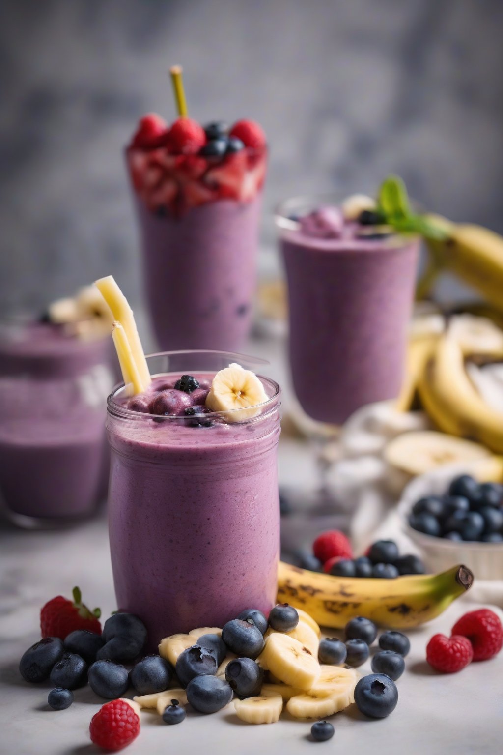 A high-resolution photo of a blueberry banana smoothie bursting with berries on top, under soft lighting.