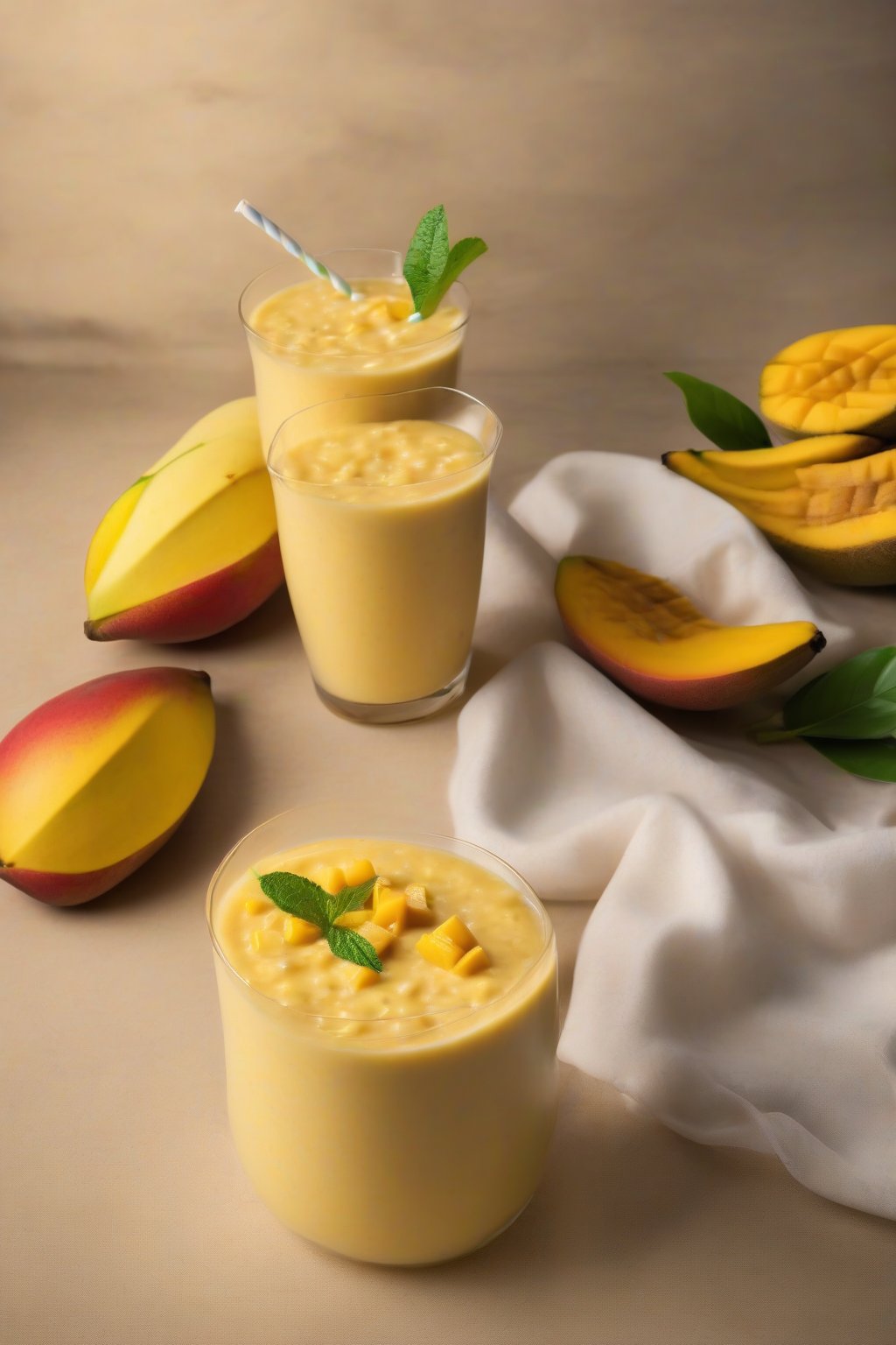 A high-resolution photo of a mango banana smoothie with diced mango garnish, under soft lighting.