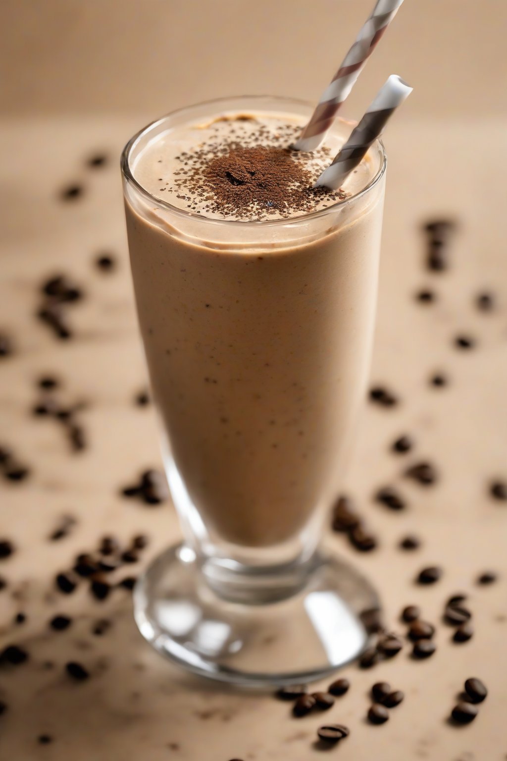 A high-resolution photo of a coffee banana smoothie with coffee bean sprinkle, under soft lighting.