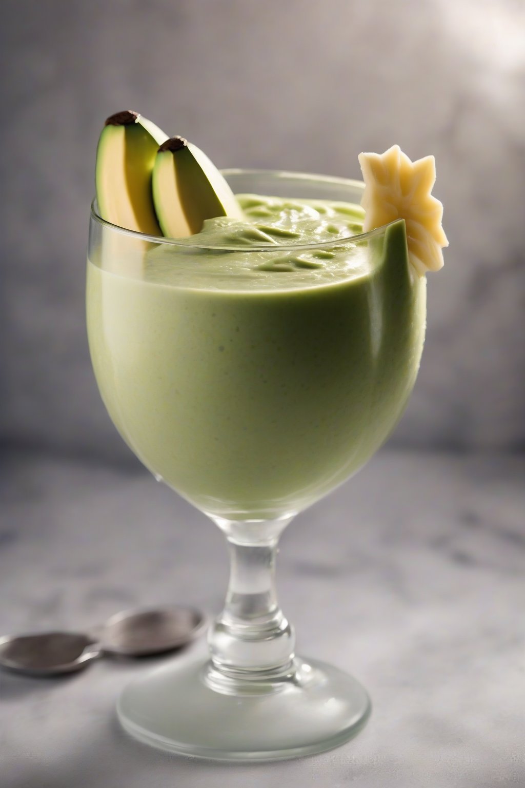 A high-resolution photo of a velvety avocado banana smoothie in a frosted glass, under soft lighting.