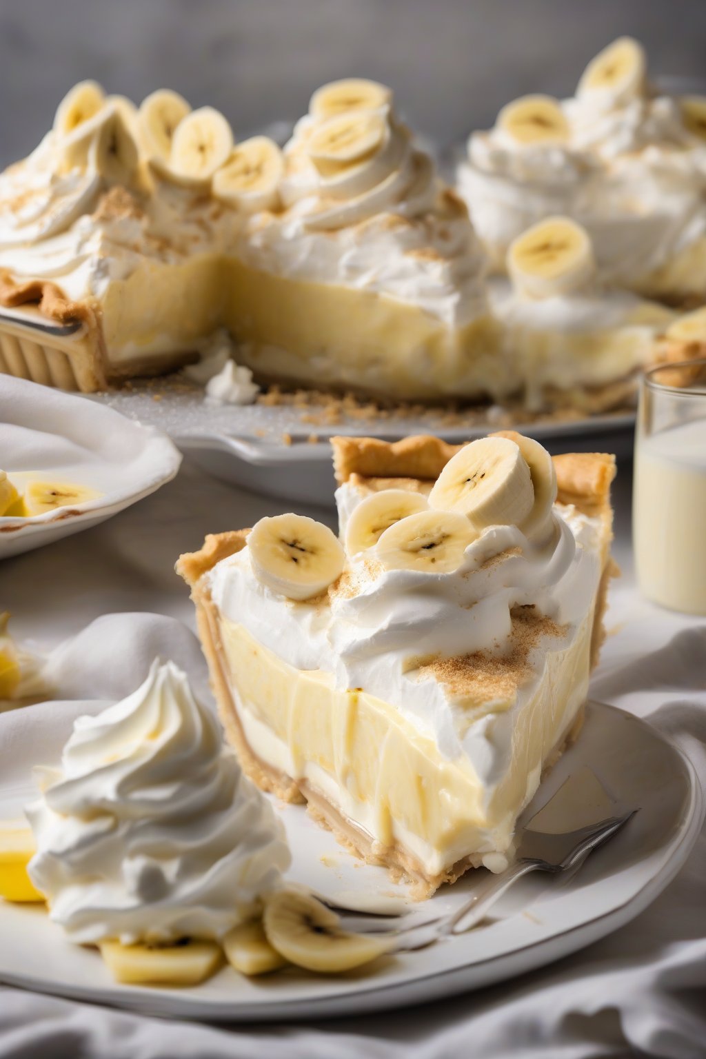 A high-resolution photo of a slice of classic banana cream pie with layers of custard and bananas visible, topped with whipped cream, under soft lighting.