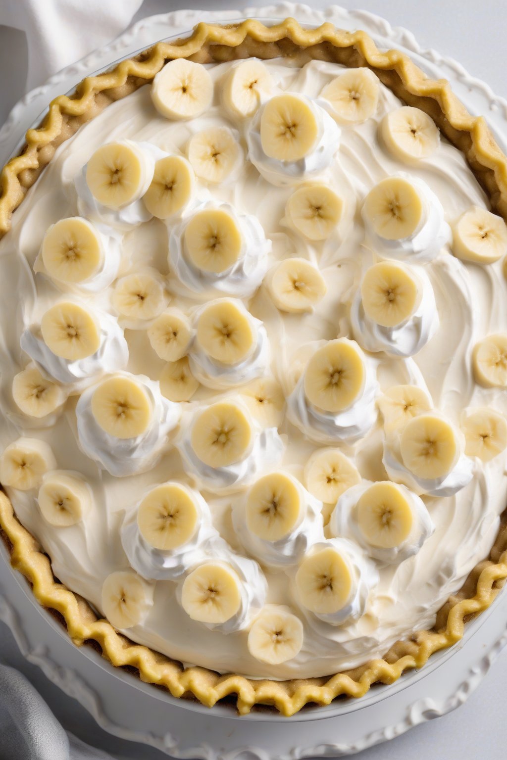 A high-resolution photo of a no-bake banana cream pie with glossy whipped topping and banana slices peeking through, under soft lighting.