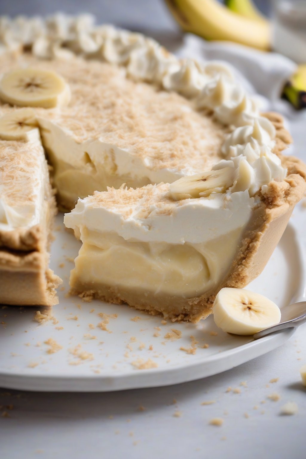 A high-resolution photo of vegan banana cream pie sliced open showing creamy coconut filling and bananas, under soft lighting.