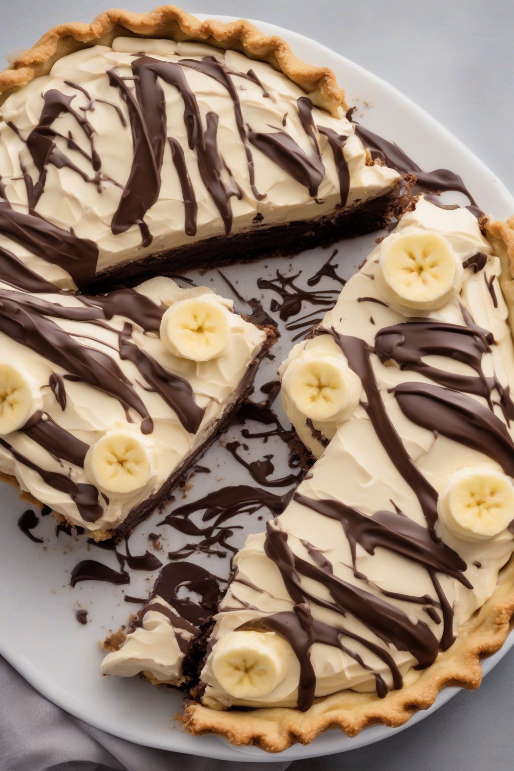 A high-resolution photo of chocolate banana cream pie with fudgy chocolate layer beneath creamy custard, under soft lighting.
