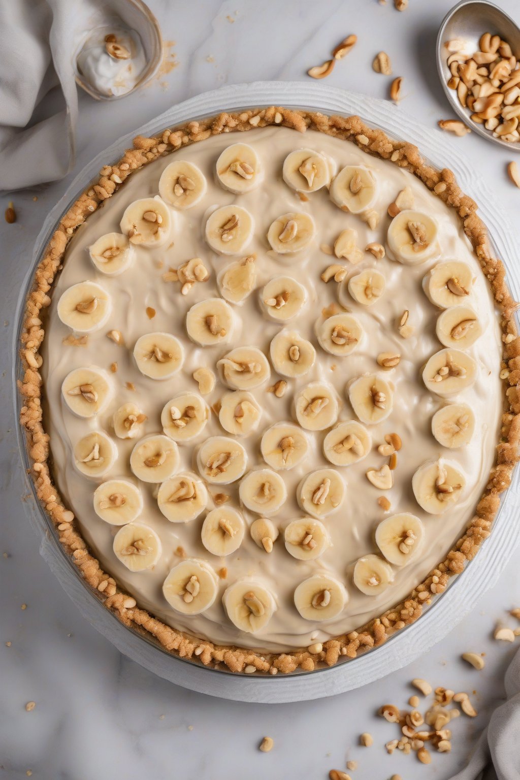 A high-resolution photo of peanut butter banana cream pie topped with chopped peanuts and banana wheels, under soft lighting.