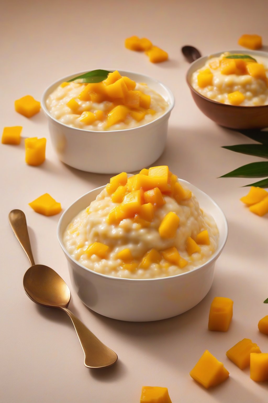 A high-resolution photo of mango rice pudding with diced fresh mango on top, vibrant orange hues, under soft lighting.