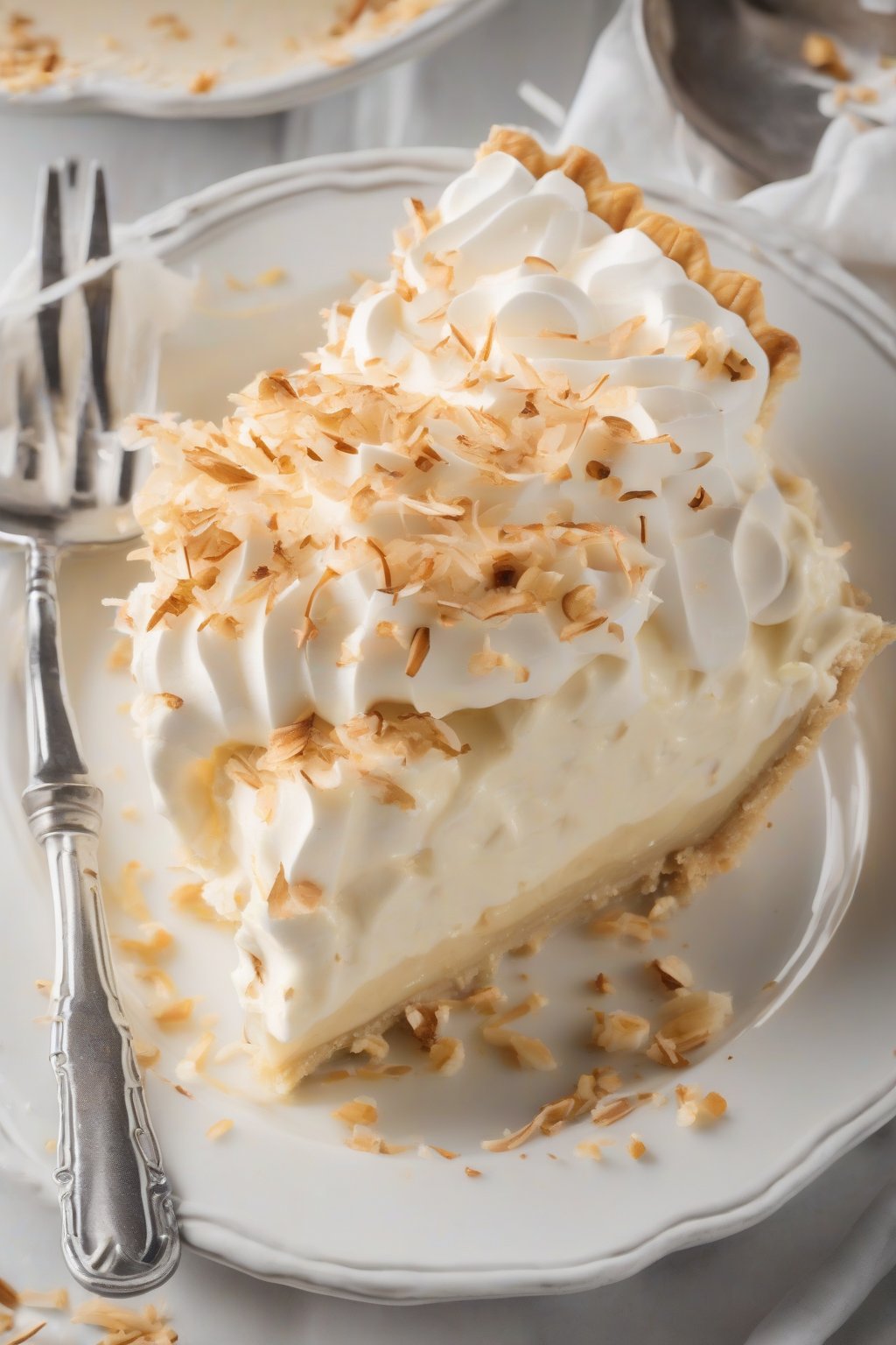 A high-resolution photo of coconut banana cream pie with golden toasted coconut topping and creamy layers, under soft lighting.