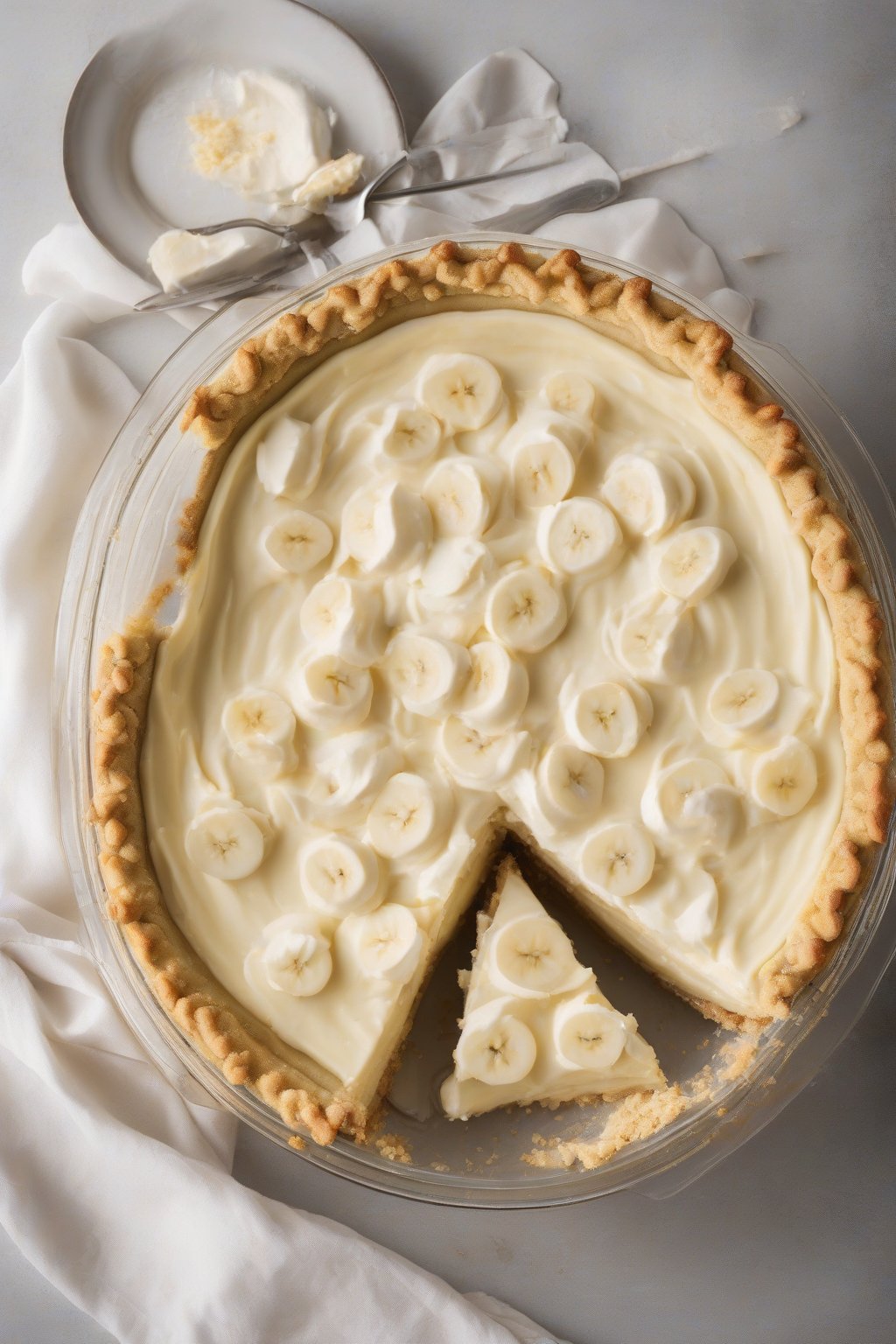 A high-resolution photo of gluten-free banana cream pie with golden almond crust and smooth filling, under soft lighting.