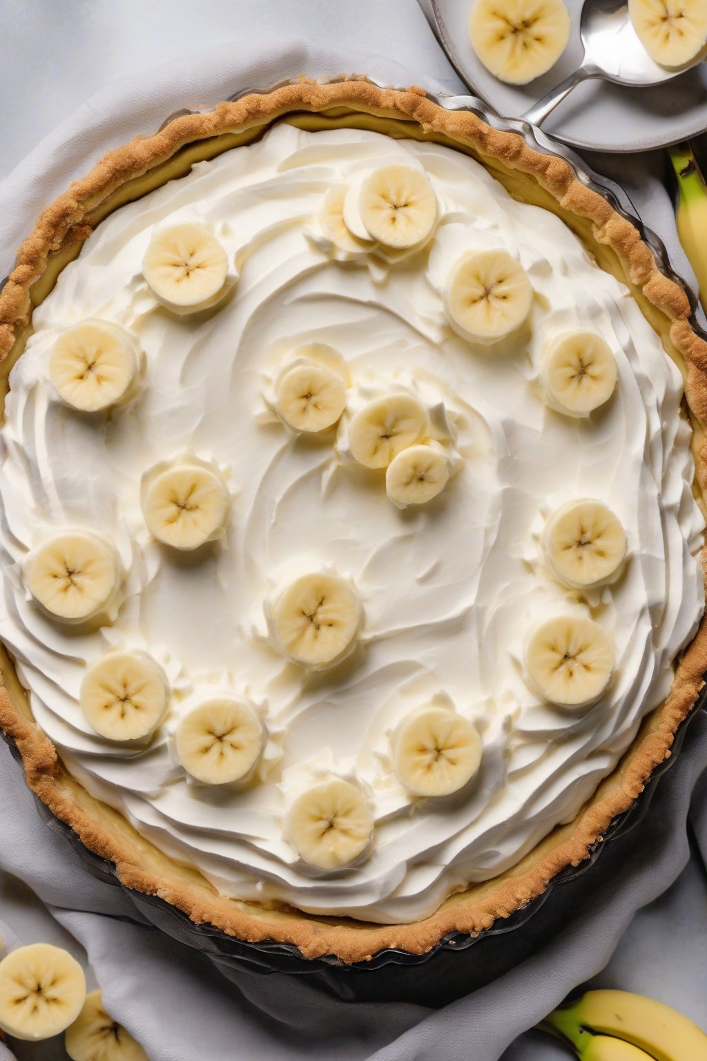 A high-resolution photo of keto banana cream pie with thick whipped layers, under soft lighting.