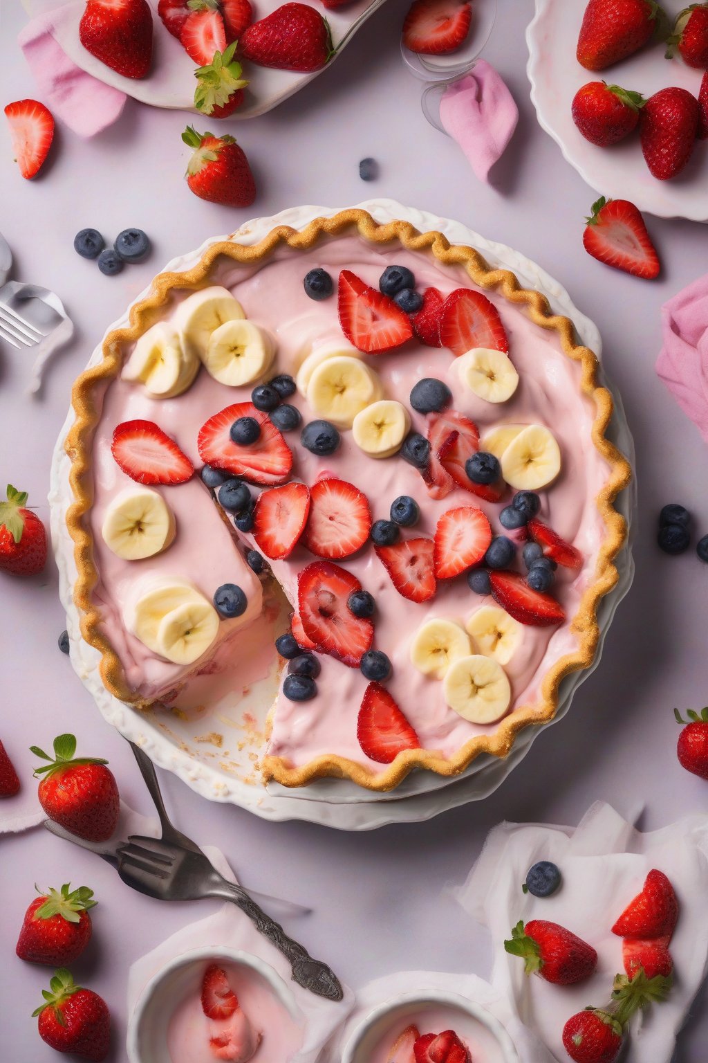 A high-resolution photo of strawberry banana cream pie with pink custard and berry slices, under soft lighting.