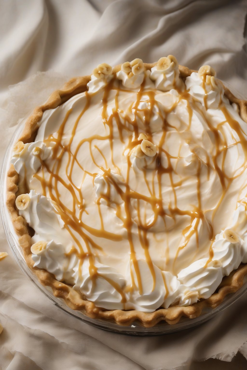 A high-resolution photo of caramel banana cream pie oozing with golden caramel, under soft lighting.