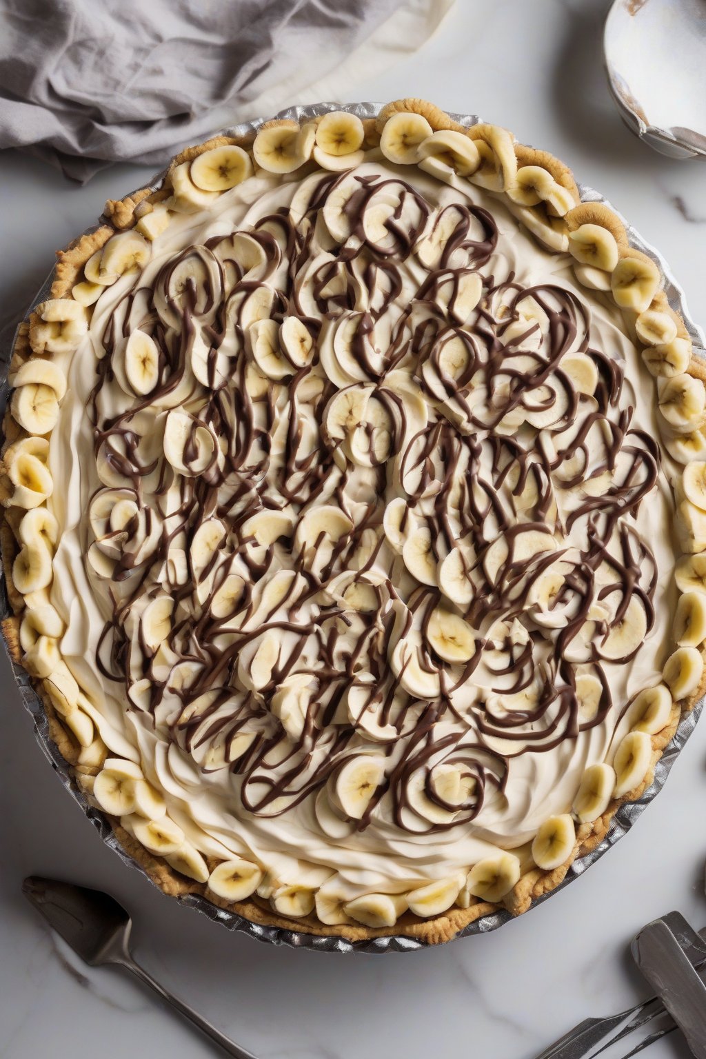 A high-resolution photo of Nutella banana cream pie with chocolatey swirls and banana chunks, under soft lighting.