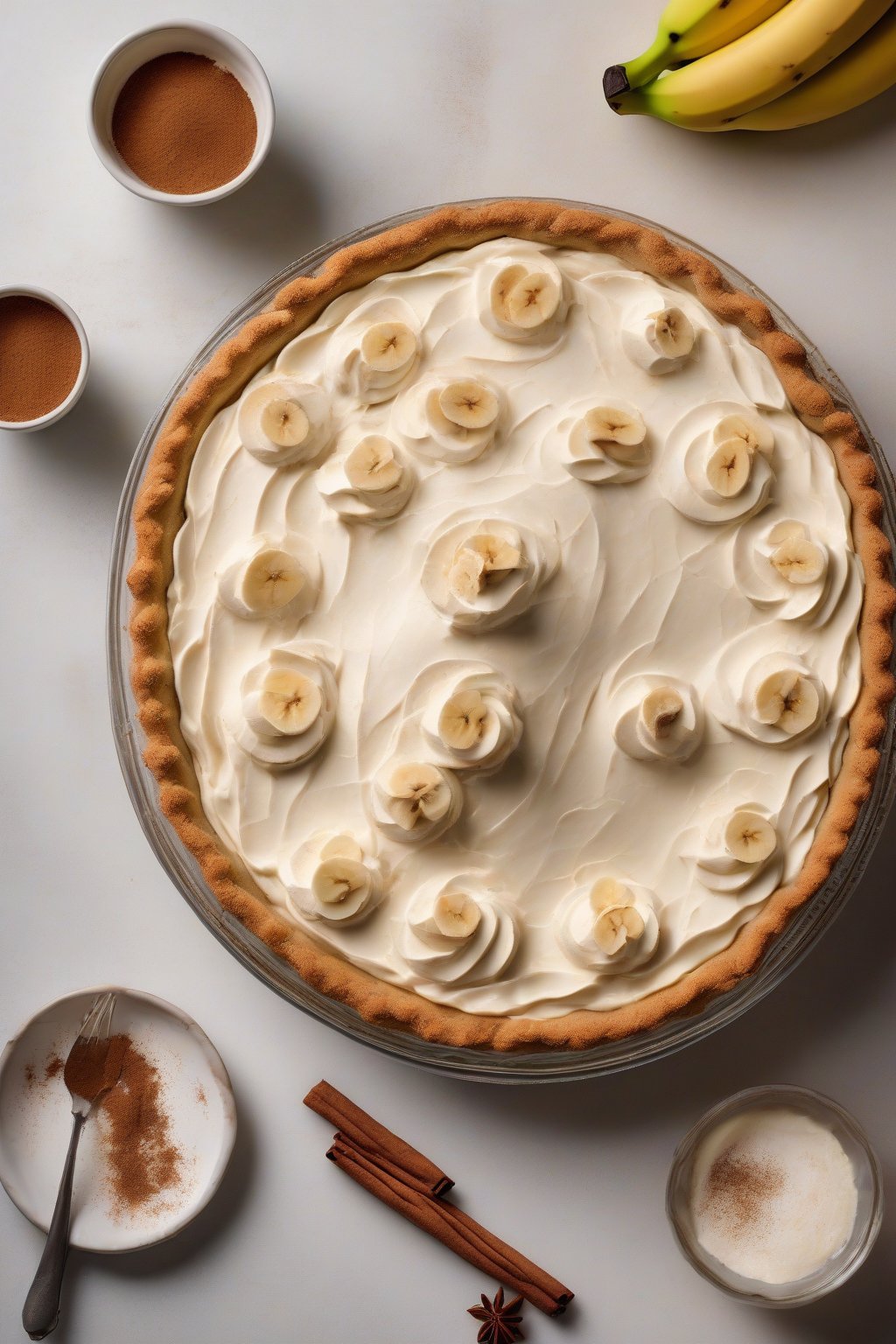 A high-resolution photo of boozy banana cream pie dusted with cinnamon, creamy slice revealed, under soft lighting.