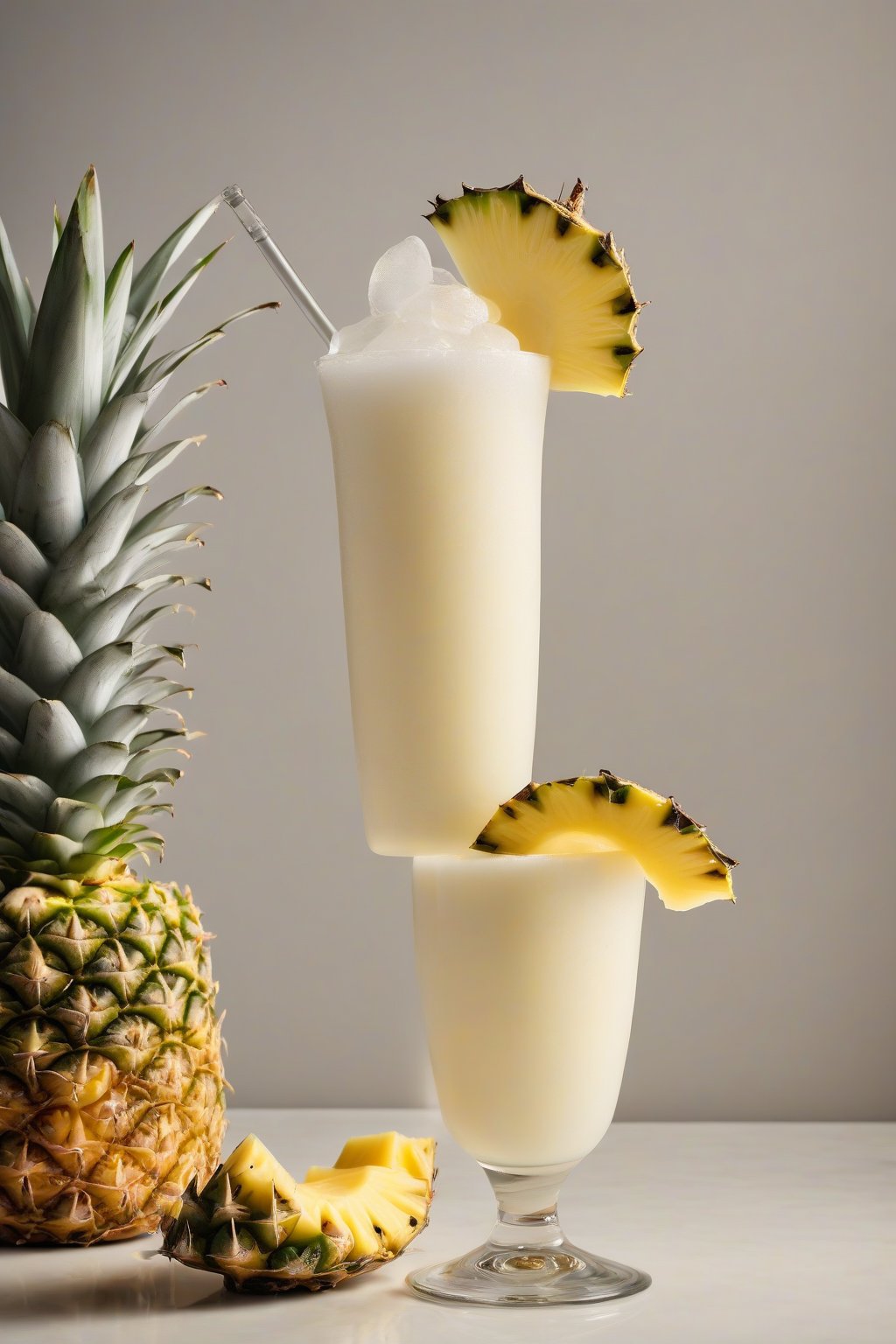 A high-resolution photo of a frosty classic piña colada in a tall glass with a pineapple wedge garnish, under soft lighting.