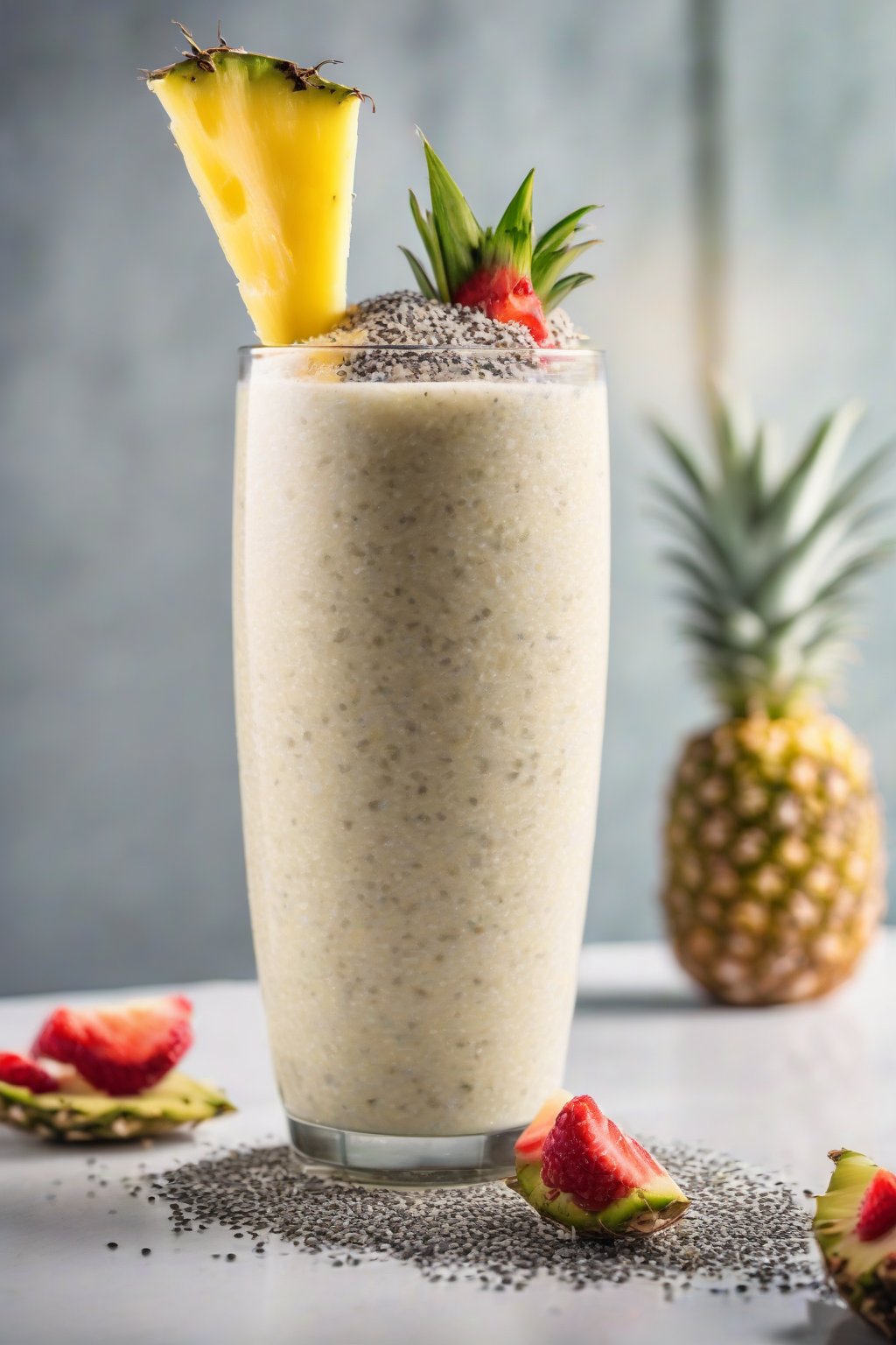 A high-resolution photo of a vibrant vegan piña colada smoothie topped with chia seeds and coconut flakes in a clear glass, under soft lighting.