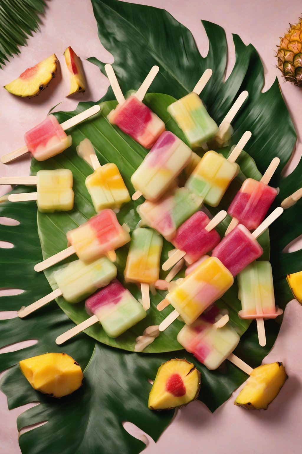 A high-resolution photo of colorful piña colada popsicles on sticks arranged on a tropical leaf platter, under soft lighting.