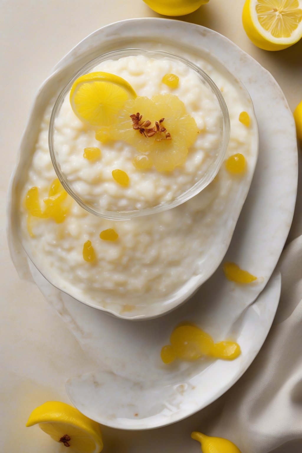 A high-resolution photo of lemon rice pudding with candied lemon peel garnish, pale yellow creamy surface, under soft lighting.