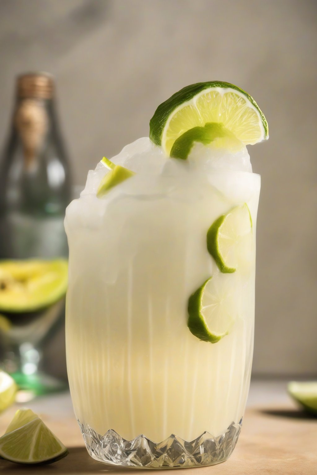 A high-resolution photo of a refreshing skinny piña colada mocktail in a hurricane glass with lime garnish, under soft lighting.