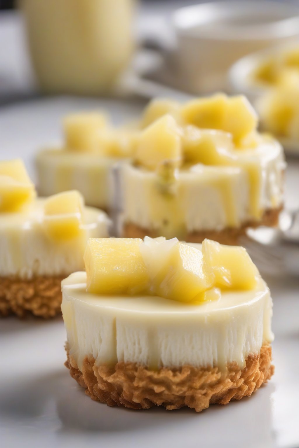 A high-resolution photo of bite-sized piña colada cheesecakes topped with pineapple chunks on a white plate, under soft lighting.