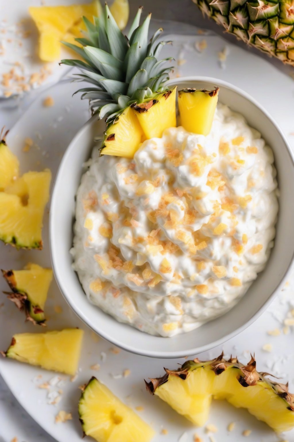 A high-resolution photo of creamy piña colada dip in a bowl with pineapple dippers and sprinkled coconut, under soft lighting.