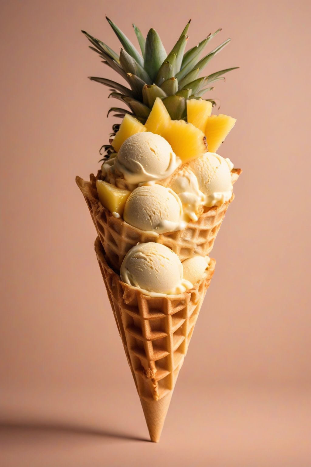 A high-resolution photo of scoops of piña colada ice cream in a waffle cone with pineapple garnish, under soft lighting.