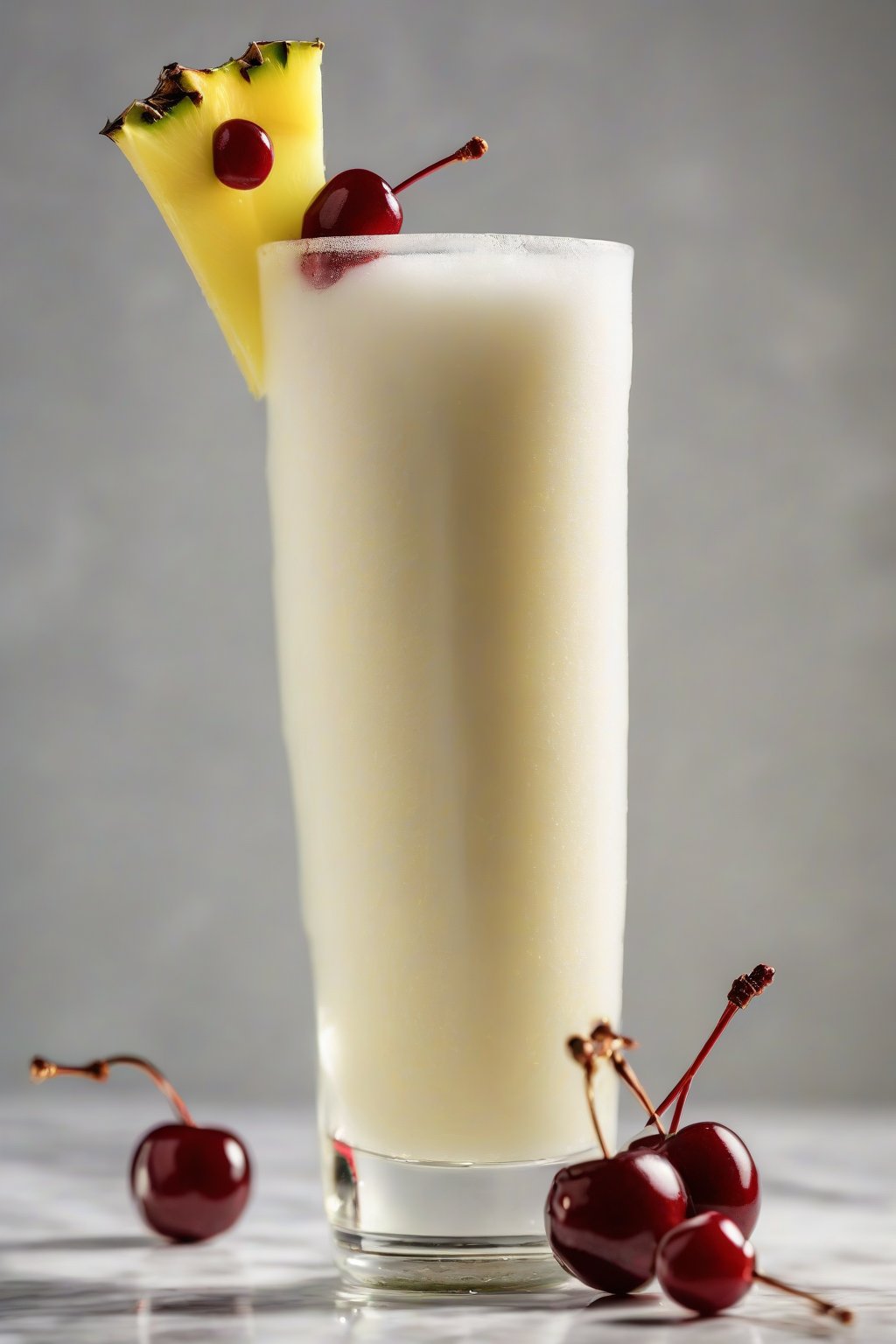 A high-resolution photo of a fizzy virgin piña colada in a flute glass with cherry garnish, under soft lighting.