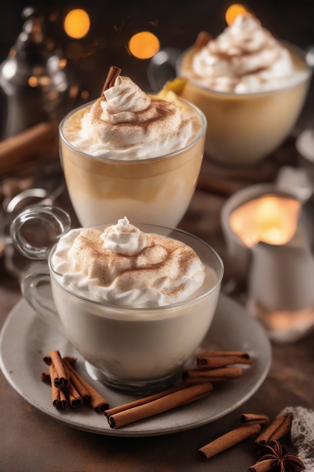 A high-resolution photo of a spiced piña colada latte in a mug topped with whipped cream and cinnamon dust, under soft lighting.