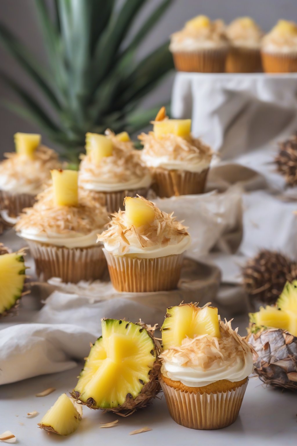 A high-resolution photo of piña colada cupcakes with toasted coconut topping and pineapple slices, under soft lighting.