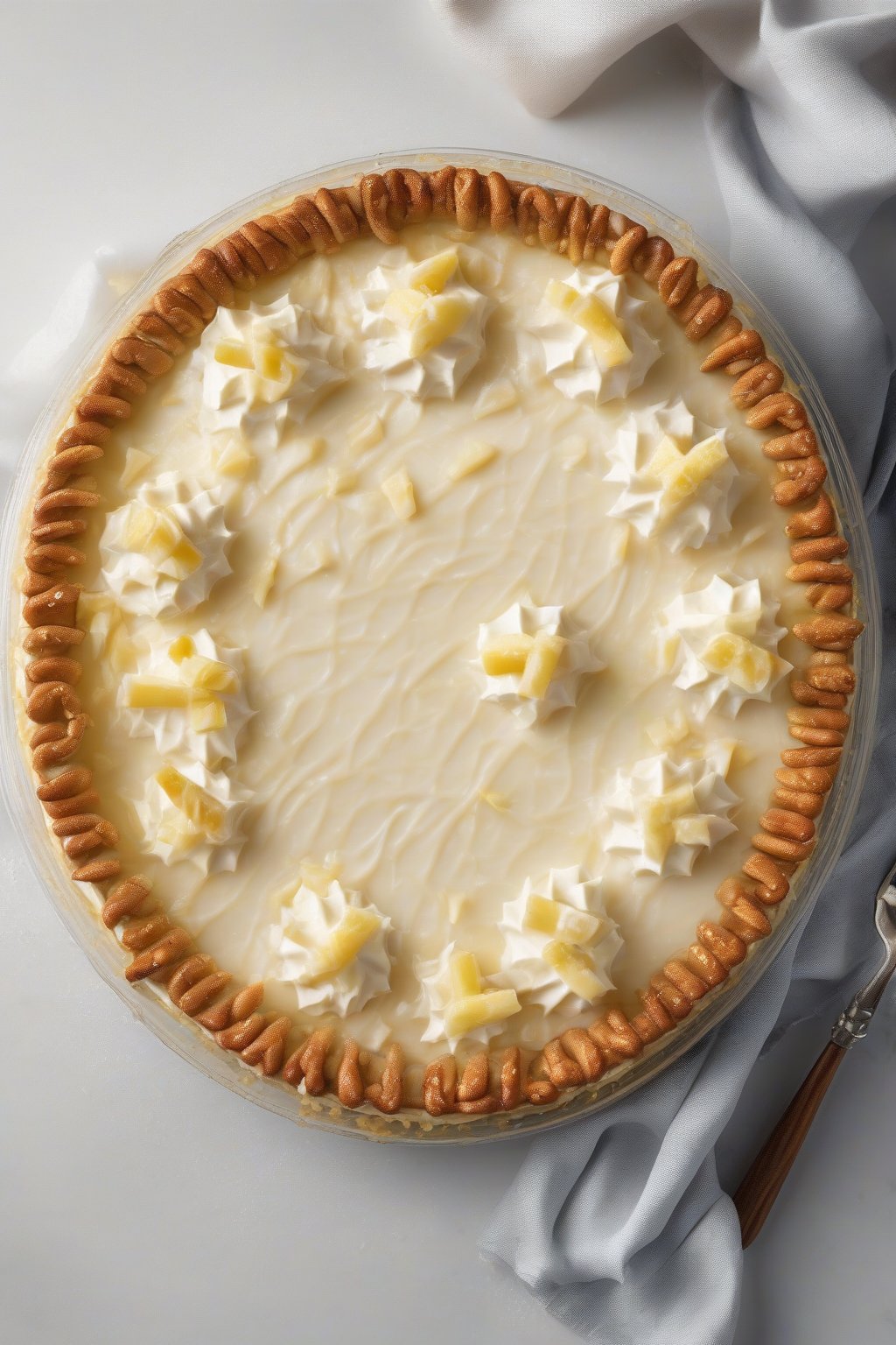 A high-resolution photo of a sliced frozen piña colada pie with creamy layers and pretzel crust, under soft lighting.