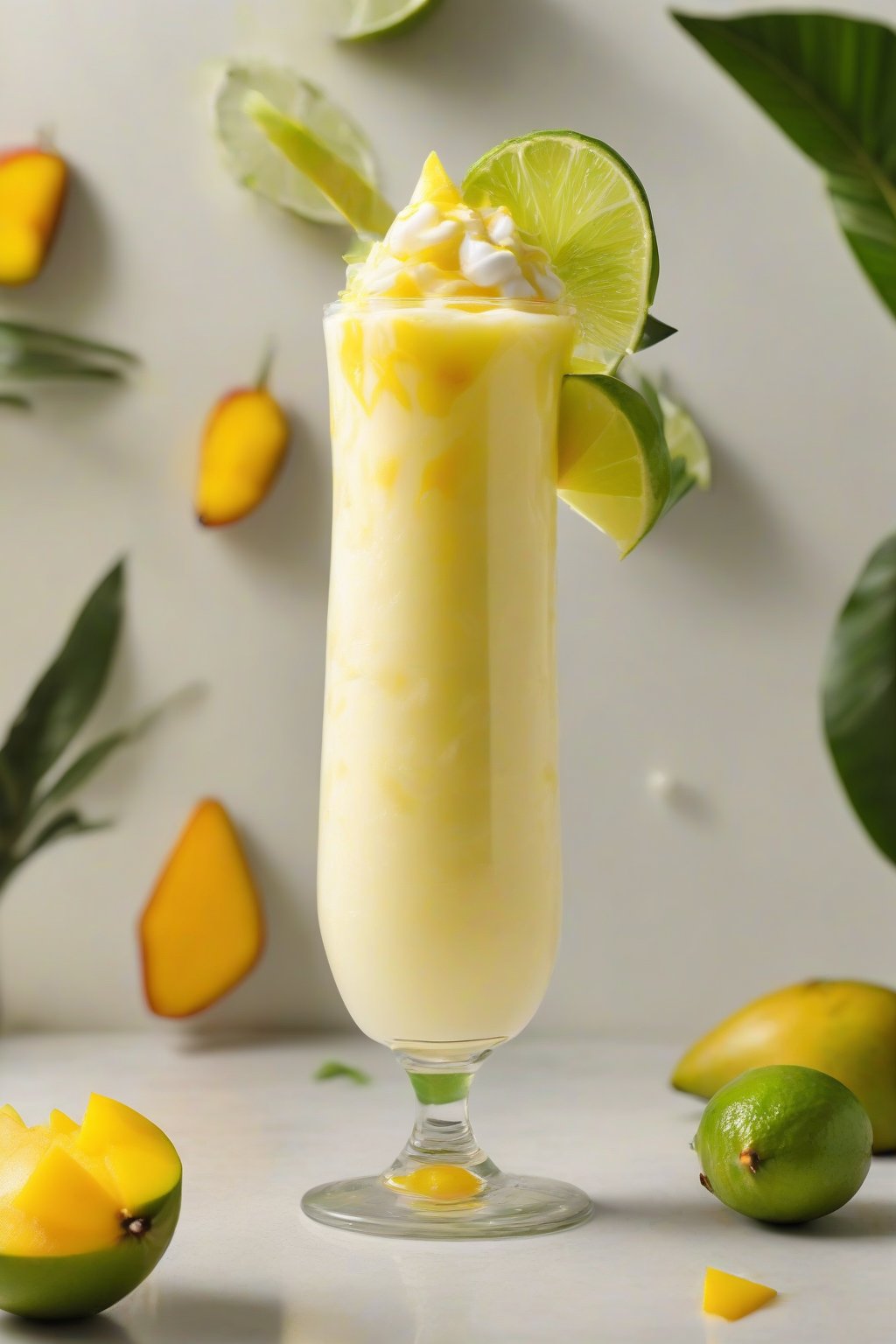 A high-resolution photo of a mango piña colada fusion swirled in a glass with lime zest garnish, under soft lighting.