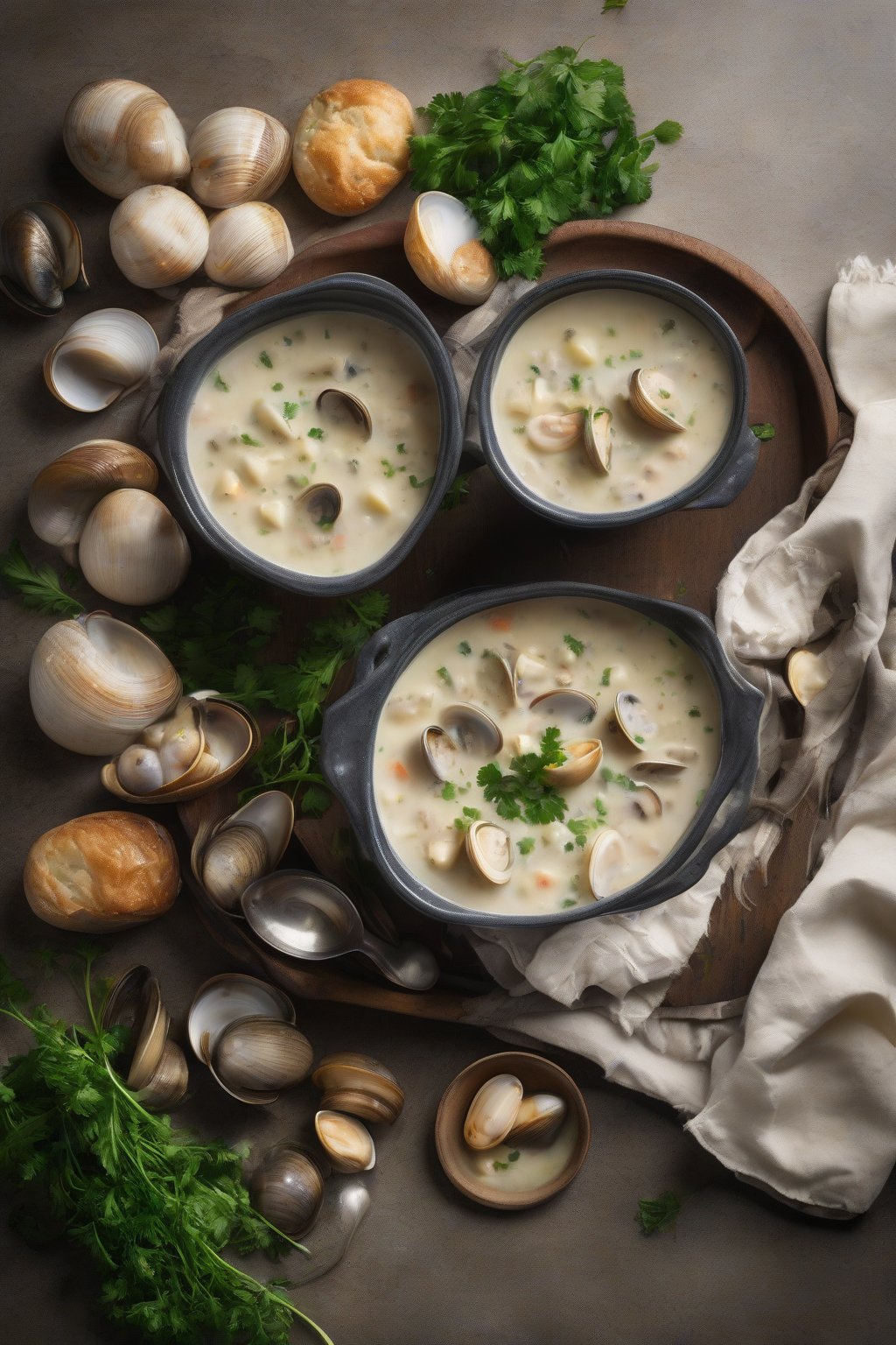 A high-resolution photo of a steaming bowl of classic New England clam chowder topped with fresh parsley, chunks of potato and clams visible in the creamy broth, under soft lighting.