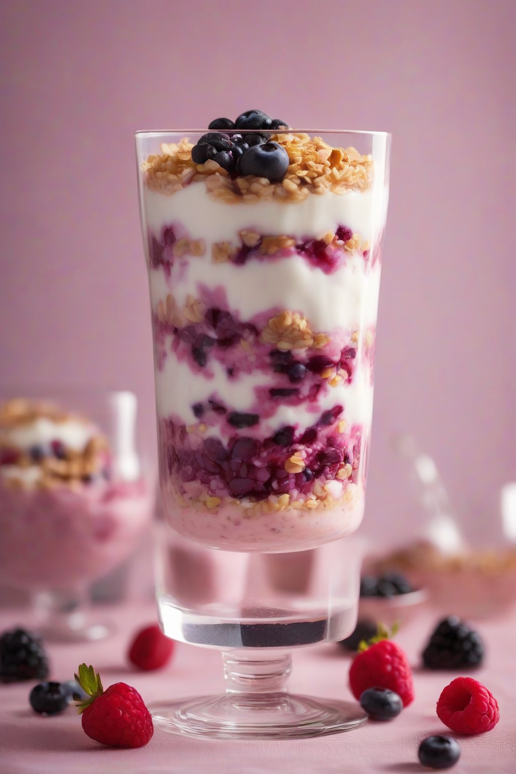 A high-resolution photo of berry rice pudding parfait in a tall glass, layers of pink berries and white cream, under soft lighting.